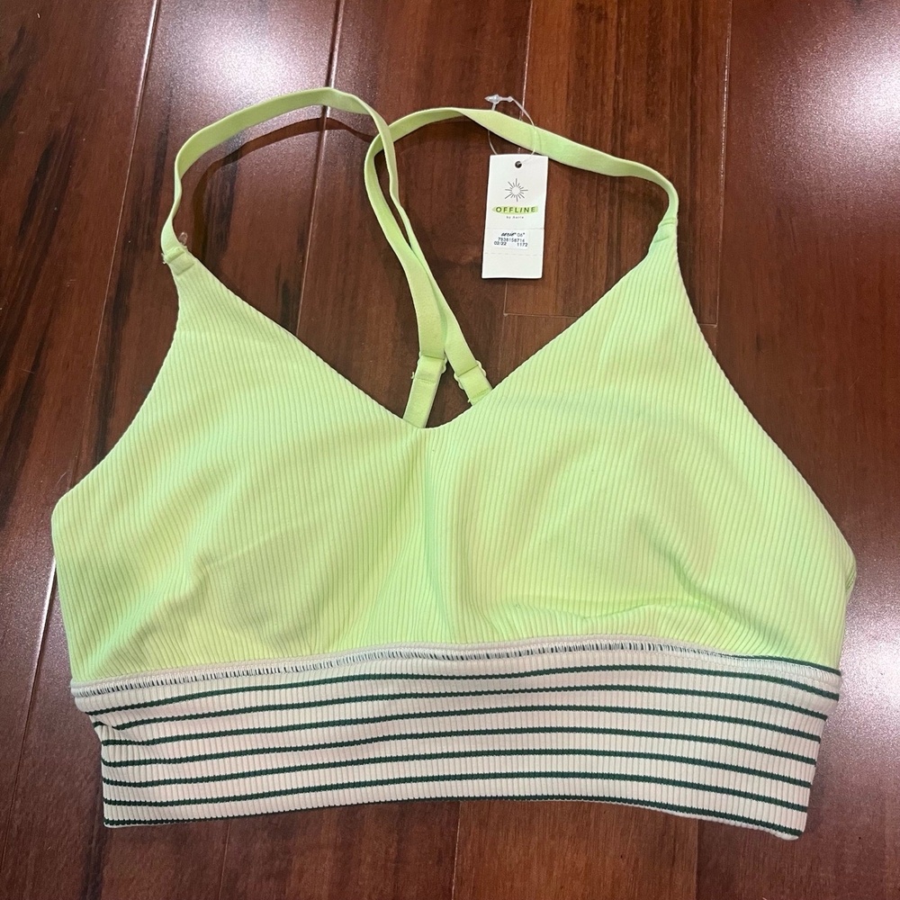 OFFLINE Aerie Neon Green Sports Bra Ribbed Crisscross Back Bralette Sz Small NWT